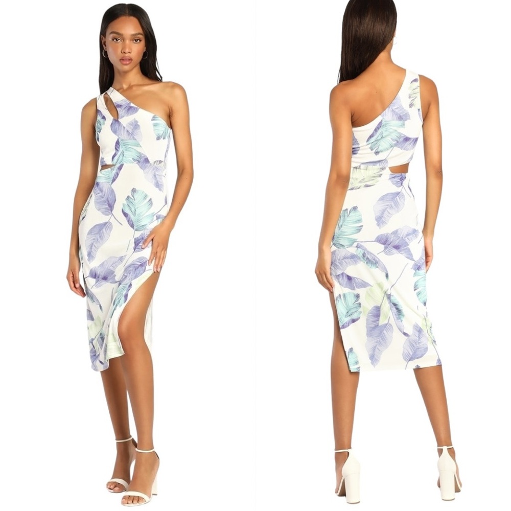 Lulus Elevated Looks White Leaf Print One-Shoulder Cutout Midi Dress Size XS